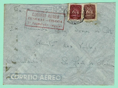 PORTUGAL 1949 (Jun 13) FFC FUNCHAL-LISBOA '1a EXPEDIÇAO REGULAR' Red Cachet Cover