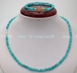 Genuine 2x4mm Blue Aquamarine Rondelle Gems Beads Necklace Bracelet Set 18/7.5'' - Picture 1 of 15