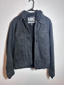 Fox Riders Denim Jean Mx Motorcycle Biker Black Hood Trucker Jacket Size Small - Picture 1 of 12