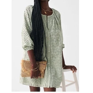 Faherty Women's Button Down Eyelet Dress Green Organic Cotton Small S Z2 - Picture 1 of 7
