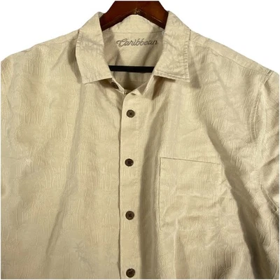 Caribbean Mens 2XL Beige Tan Textured Camp Shirt Hawaiian Tropical Travel Island - Image 1 of 4