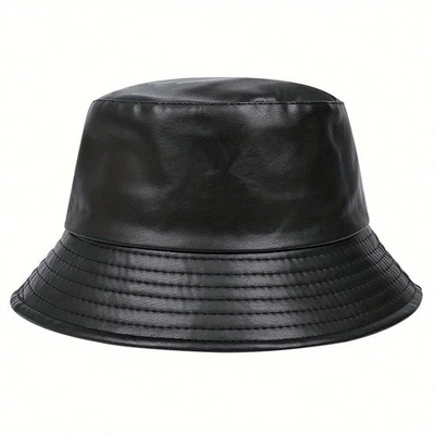 Black Faux Leather Bucket Hat Unisex Wide Brim Fisherman Cap Streetwear - Image 1 of 4