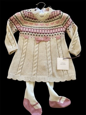 Abito Catherine Malandrino nuovo con etichetta rosa/avorio Fair Isle in maglia, pancetta e collant-3-6 Mos - Immagine 1 di 4