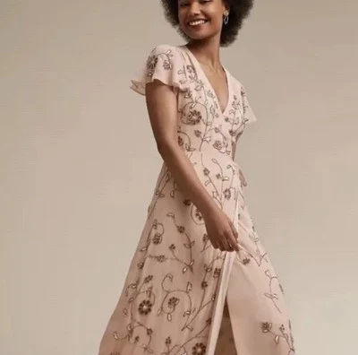 BHLDN Anthro Plymouth Beaded Wrap Dress Blush Pink Maxi Wedding Bridesmaid 6 - Image 1 of 4
