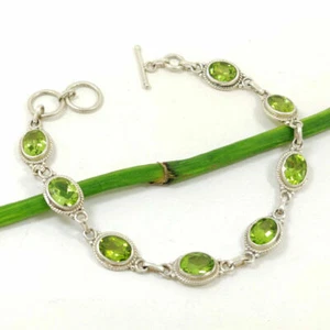 NATURAL GREEN PERIDOT GEMSTONE SOLID 92.5 STERLING SILVER HANDMADE BRACELET #CA7 - Picture 1 of 2
