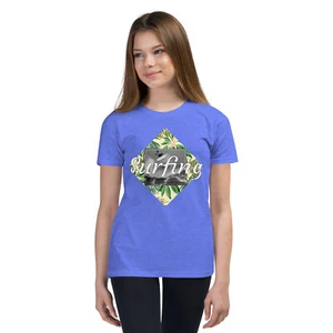 Surfing Wave Tropical Flowers Surfer Youth Short Sleeve T-Shirt - Picture 1 of 11