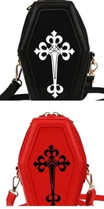 Gothic Crossbody- Y2K Style Coffin Shape Purse W/Cross Design- Black Or Red NEW - Picture 1 of 13