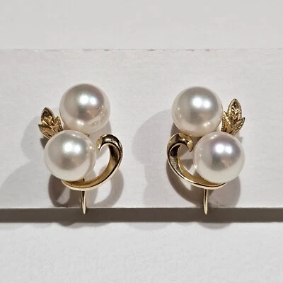Pendientes de perlas Akoya cultivadas Mikimoto 1659 oro amarillo 14k vintage de Japón Foto 1 de 4