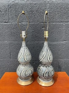 Vintage Pair MCM Black White Swirly Hand Painted Ceramic Table Lamps - Picture 1 of 8