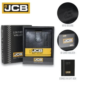 Mens Real Leather Wallet JCB RFID Protected Button Popper Black ID Holder Coin - Picture 1 of 6