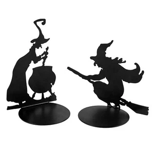 2 Set Halloween Candle Holder Spooky Witch With Cauldron Broom Black Candlestick - Picture 1 of 7