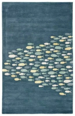 Alfombra moderna de lana acolchada a mano azul celeste para peces costeros para dormitorio 8x10 pies Foto 1 de 4