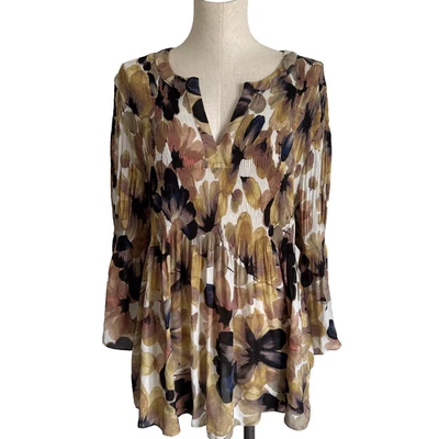 Spence Blouse Women's Size 2X Brown Floral Split V-Neck Crinkle Flowy Peplum Top - Image 1 of 4