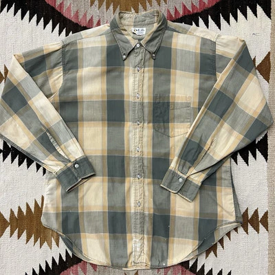 Vintage 1950s Plaid Cotton Shirt By Mr. Alex Sz L - Yellow&Green - Image 1 of 4