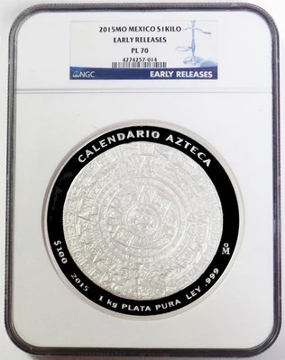 2015 MO SILVER MEXICO 1 KILO 32.15oz AZTEC CALENDAR NGC PL 70 EARLY RELEASES - Image 1 of 2