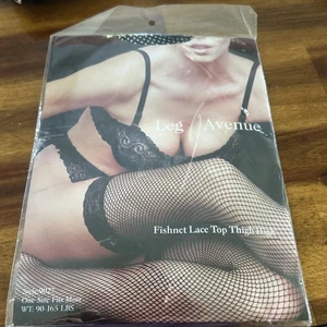 VTG Leg Avenue Black Fishnet Lace Top Thigh High Stockings One Size 9027 NEW! - Picture 1 of 3