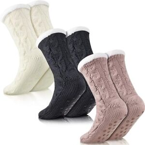 3 Pairs Winter Slipper Socks for Women Warm Fuzzy Fluffy Slipper Socks White 4-6