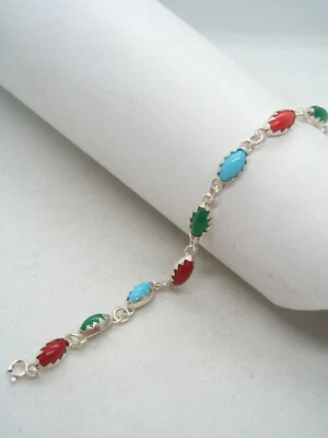 Braccialetto in Argento 925 con Pietre colorate - imitazione giada corallo - Immagine 1 di 4