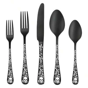 Gothic Skull 4 - Person Flatware Set - Bizarre Skeleton Flower Design, Black - Picture 1 of 14