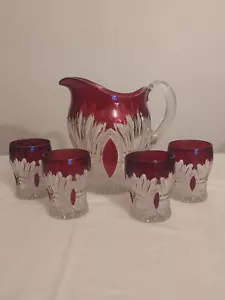 EAPG Heisey RUBY STAINED Pattern PRINCE WALES Glass WATER PITCHER 4 Tumblers SET - Picture 1 of 12