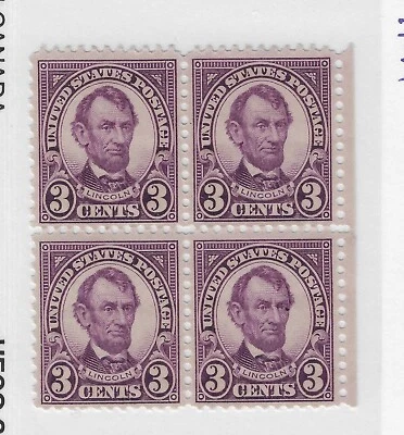 US Scott # 555 - 3 cent violet, Lincoln, block, MNH - 1923, scv $120 - Image 1 of 2