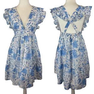 NWT J Marie Floral Print Dress Sz L V-Neck Ruffle Sleeves White Blue Preppy - Picture 1 of 15