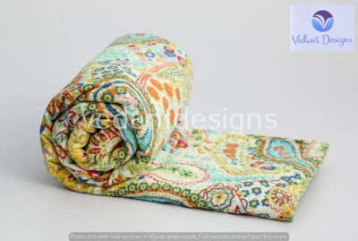 Queen Kantha Quilt Bedspread Floral Cotton Multicolor Boho Gypsy Blanket - Image 1 of 4