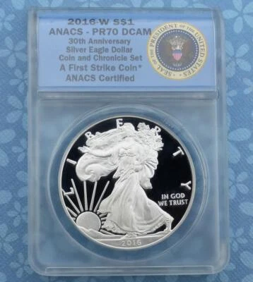 2016 W ANACS PR70 D-Cam Lettered Edge Silver Eagle Dollar, First Strike Coin - Image 1 of 4