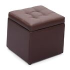  Small Square Storage Ottoman with Hinged Lid, 15.5 Inch Brown PU Leather Flip 