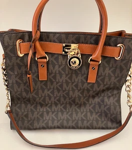 Michael Kors Hamilton Bag Signature Logo - Brown Leather Tote Bag - Picture 1 of 8