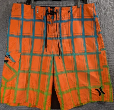 Pantalones cortos de natación HURLEY para hombre a cuadros verde naranja talla 34 logotipo deletreado Foto 1 de 4