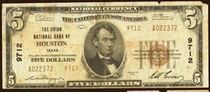 5 $ Serie 1929 Nationalbanknoten der Union National Banks of Houston, Texas - Bild 1 von 2