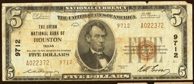 $5 Series 1929 National Banknotes from Union National Banks of Houston, Texas - Image 1 of 2