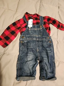 Kleinkind Jungen rot kariertes Flanellhemd & Denim Überhosen 3-6 Monate - Bild 1 von 4