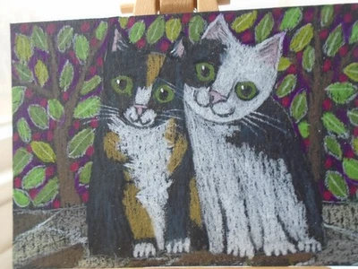 Cats Ollietuxedo Original 2.5x3.5 inches ACEO Two Cat Buddies - Image 1 of 4