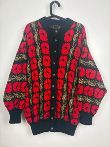 Fab Vintage Oversized Knitted Cardigan with Red Floral Poppy Pattern - Free Size - Picture 1 of 8