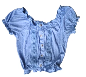 TAHARI Girl Crop Top Peasant Cottage Core Cute Blue Buttons Size 8 Embroidered - Picture 1 of 4
