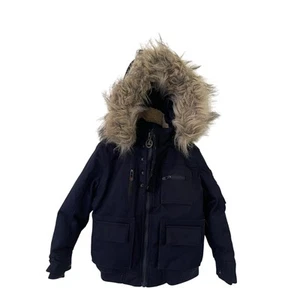 Awaknd Land Coat Boys Sz 5M Heavyweight Parka Navy Jacket Faux Fur Hood POCKETS - Picture 1 of 7