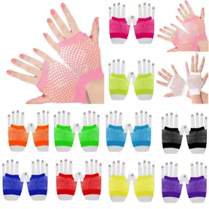 Girls Neon Short Fishnet Fingerless Gloves, Gloves, Party Gloves, Fishnet Glove, - Picture 1 of 23