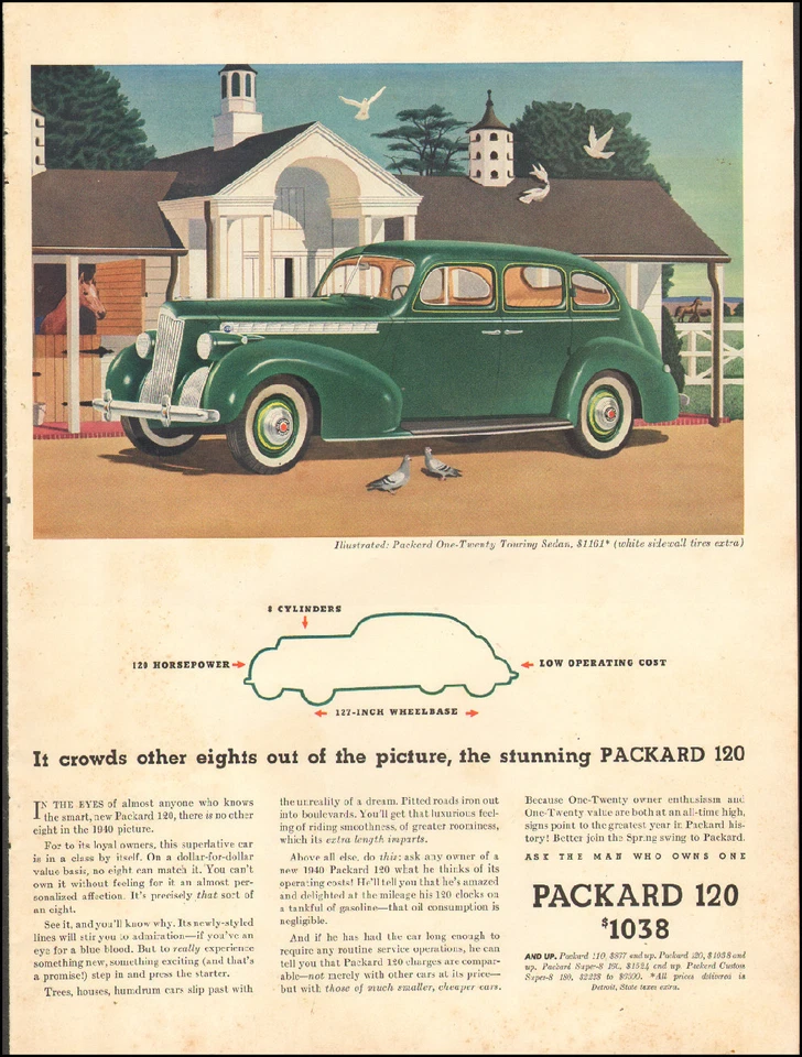 Anuncio vintage de 1940 para coche retro Packard One-Twenty Touring sedán verde 103017 Foto 1 de 1