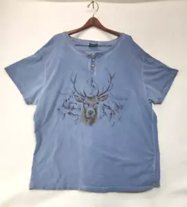 Kitzo Alpen Austria Buck Deer Henley Shirt Men's Size 3XL Short Sleeve Blue - Picture 1 of 10