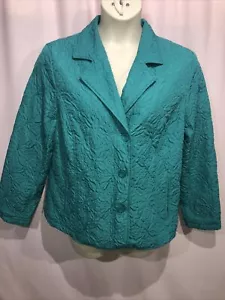 RQT XL Teal Blue Bluegreen Tint Embroidered Floral Design Jacket Button Top EE1 - Picture 1 of 11
