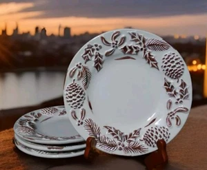 4 Pine Cones & Holly Holiday Embossed Salad/Serving plates  8.5" EUC - Picture 1 of 6