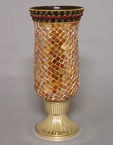 Candle Holder Brass Orange Mosaic Glass Shade 4"D x 10.5"High - Picture 1 of 8