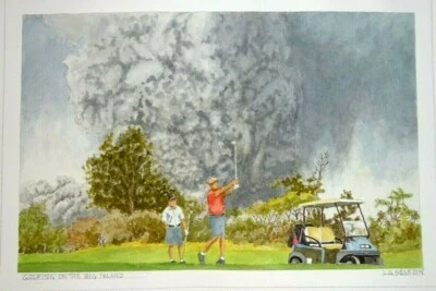 Гавайи акварель картина гольф и вулканическое извержение Гавайи на Л. Сегедин #134 - Изображение 1 из 4