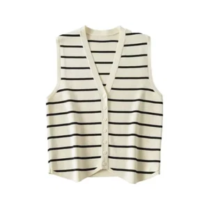 S M L Striped Pattern Single Breasted Knitted Vest V-Neck Sleeveless Women Shirt - Picture 1 of 6