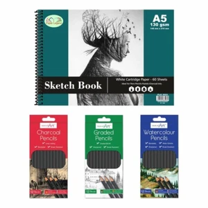 A5 Sketch Book With Charcoal Graded Watercolour Pencils Set Spiral White Paper - Picture 1 of 36