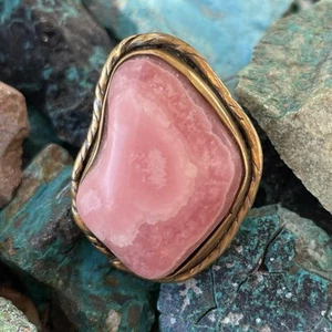 Vintage Rose Pink Agate Stone Brass Ring 5.75 Chunky Boho Southwest Signed FDL - Picture 1 of 4