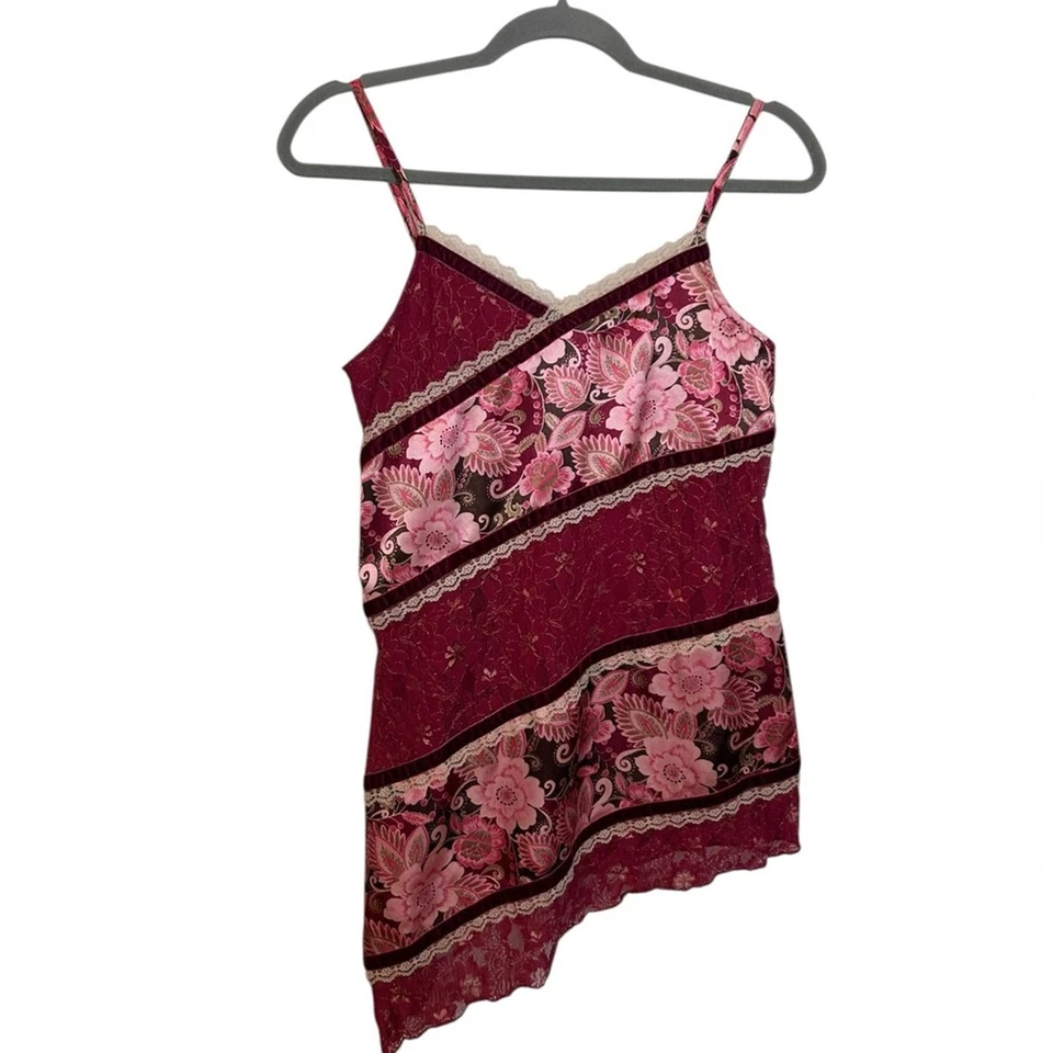 Limited Too Pink and Burgundy Asymmetrical Velour Patchwork Y2K Camisole Top - Image 1 of 4