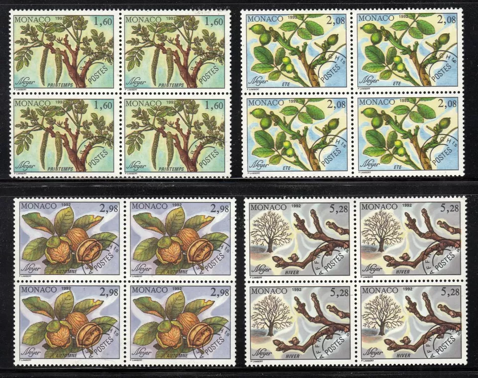 Monaco Sc 1809-12 Four Seasons 1992 nogal precancelado MNH bloques de 4 Foto 1 de 1